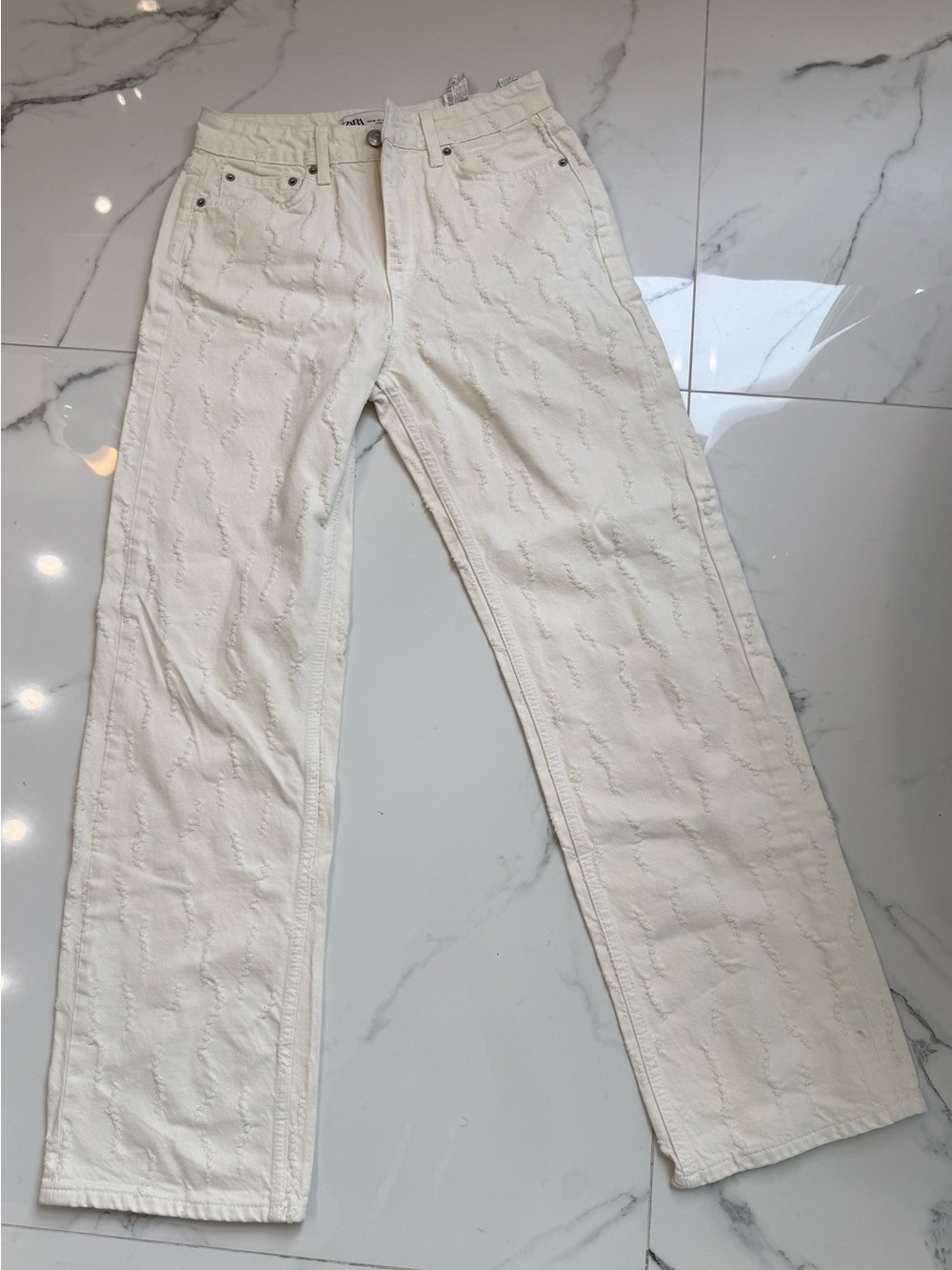 Zara All Over Textured Frayed Slashed Line Straight Jeans Off-White USA 4